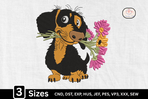 Cute Puppy with Flowers Embroidery Design